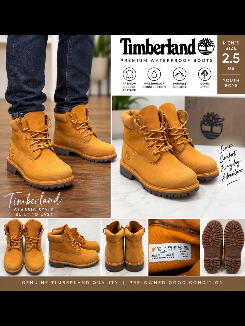 Timberland Kids Wheat/Tan Waterproof Lace-Up Boots. Size 2.5